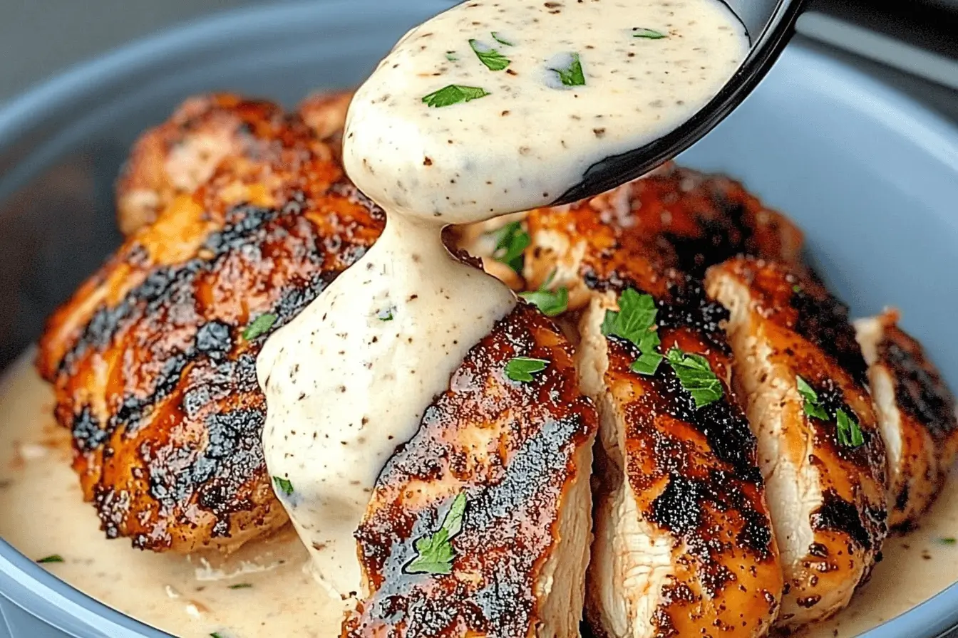 Grilled chicken with smoky seasoning served with creamy Alabama White Sauce