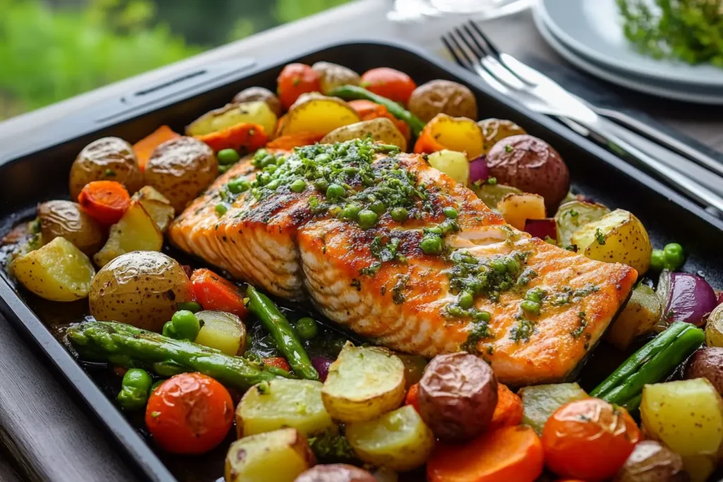 One-pan roasted salmon fillet served with crispy golden potatoes, vibrant broccoli, zucchini, and bell peppers, drizzled with lemon herb butter