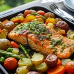 One-pan roasted salmon fillet served with crispy golden potatoes, vibrant broccoli, zucchini, and bell peppers, drizzled with lemon herb butter