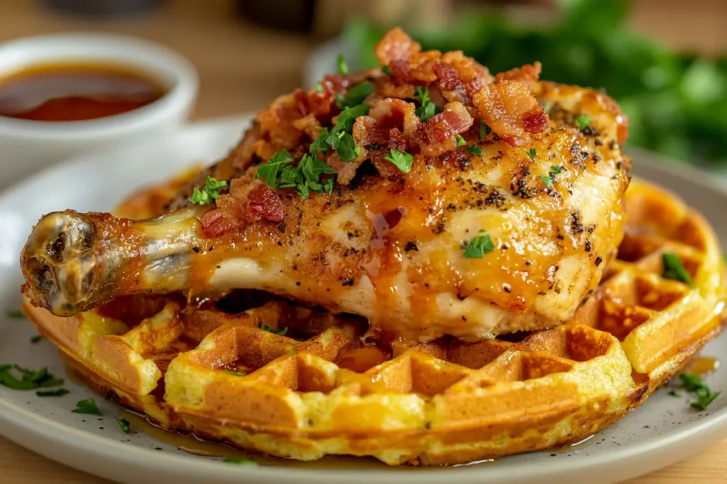 Butter Roasted Chicken with Grit Waffles served on a rustic plate, topped with crispy bacon, fresh herbs, and drizzled with maple syrup