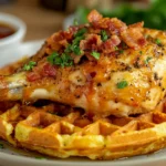 Butter Roasted Chicken with Grit Waffles served on a rustic plate, topped with crispy bacon, fresh herbs, and drizzled with maple syrup