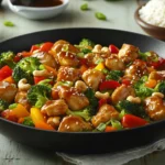 Cashew Chicken Stir-Fry with colorful vegetables, roasted cashews, and a savory sauce served over steamed rice