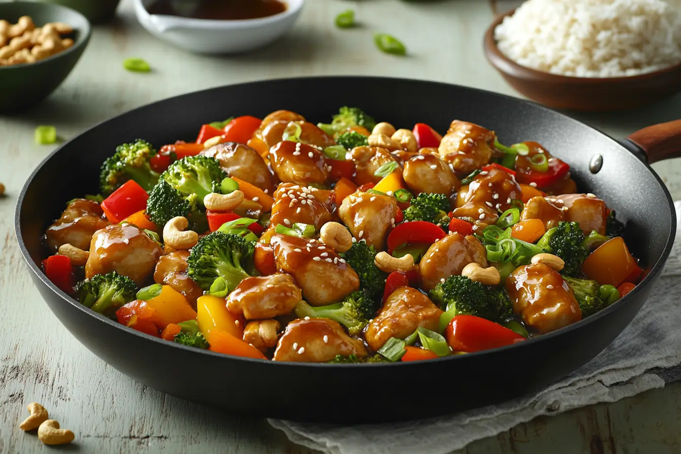 Cashew Chicken Stir-Fry with colorful vegetables, roasted cashews, and a savory sauce served over steamed rice