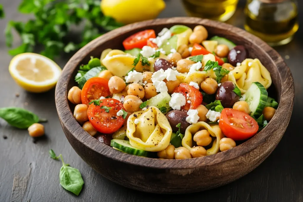 Colorful Chickpea Tortellini Salad served in a bowl, featuring cheese tortellini, chickpeas, cherry tomatoes, cucumber, red onion, and a zesty dressing garnished with fresh parsley.