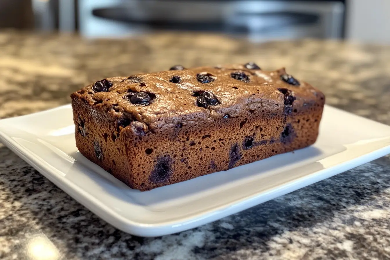 Healthy Blueberry Banana Bread slice topped with fresh blueberries, served on a rustic wooden board.