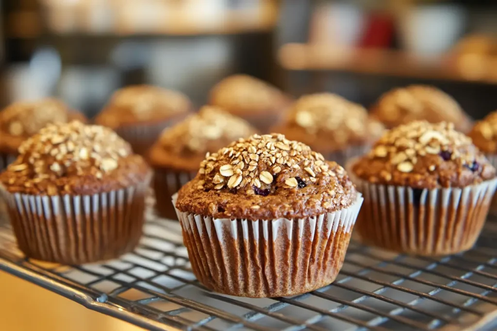 A tray of freshly baked healthy seeded blueberry and banana muffins with blueberries and bananas on the side.