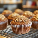 A tray of freshly baked healthy seeded blueberry and banana muffins with blueberries and bananas on the side.