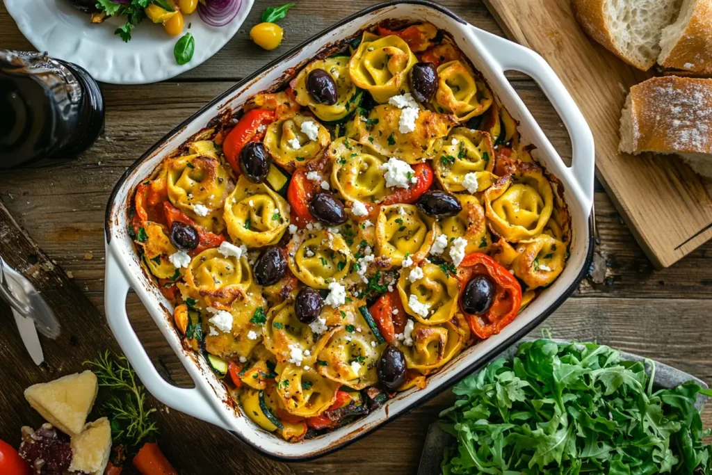 Mediterranean Tortellini Bake with roasted vegetables, melted cheese, and fresh herbs in a rustic baking dish on a wooden table