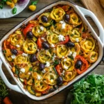 Mediterranean Tortellini Bake with roasted vegetables, melted cheese, and fresh herbs in a rustic baking dish on a wooden table