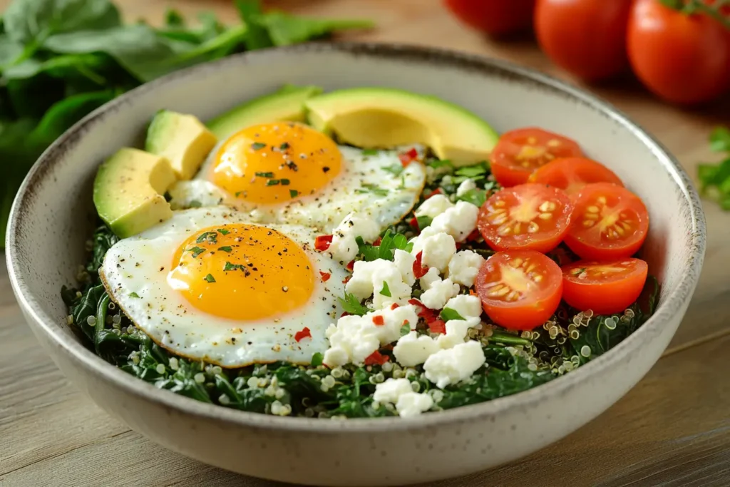 Spinach and Egg Protein Bowl featuring sautéed spinach, sunny-side-up eggs, cherry tomatoes, avocado slices, and quinoa in a rustic bowl.