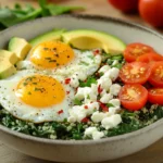 Spinach and Egg Protein Bowl featuring sautéed spinach, sunny-side-up eggs, cherry tomatoes, avocado slices, and quinoa in a rustic bowl.