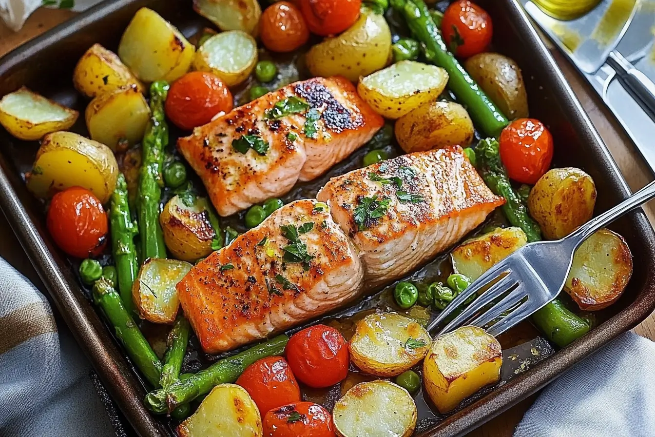 One-pan roasted salmon fillet served with crispy golden potatoes