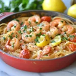 Zesty One-Pot Shrimp Pasta featuring spaghetti, juicy shrimp, cherry tomatoes, and fresh parsley in a creamy, tangy sauce