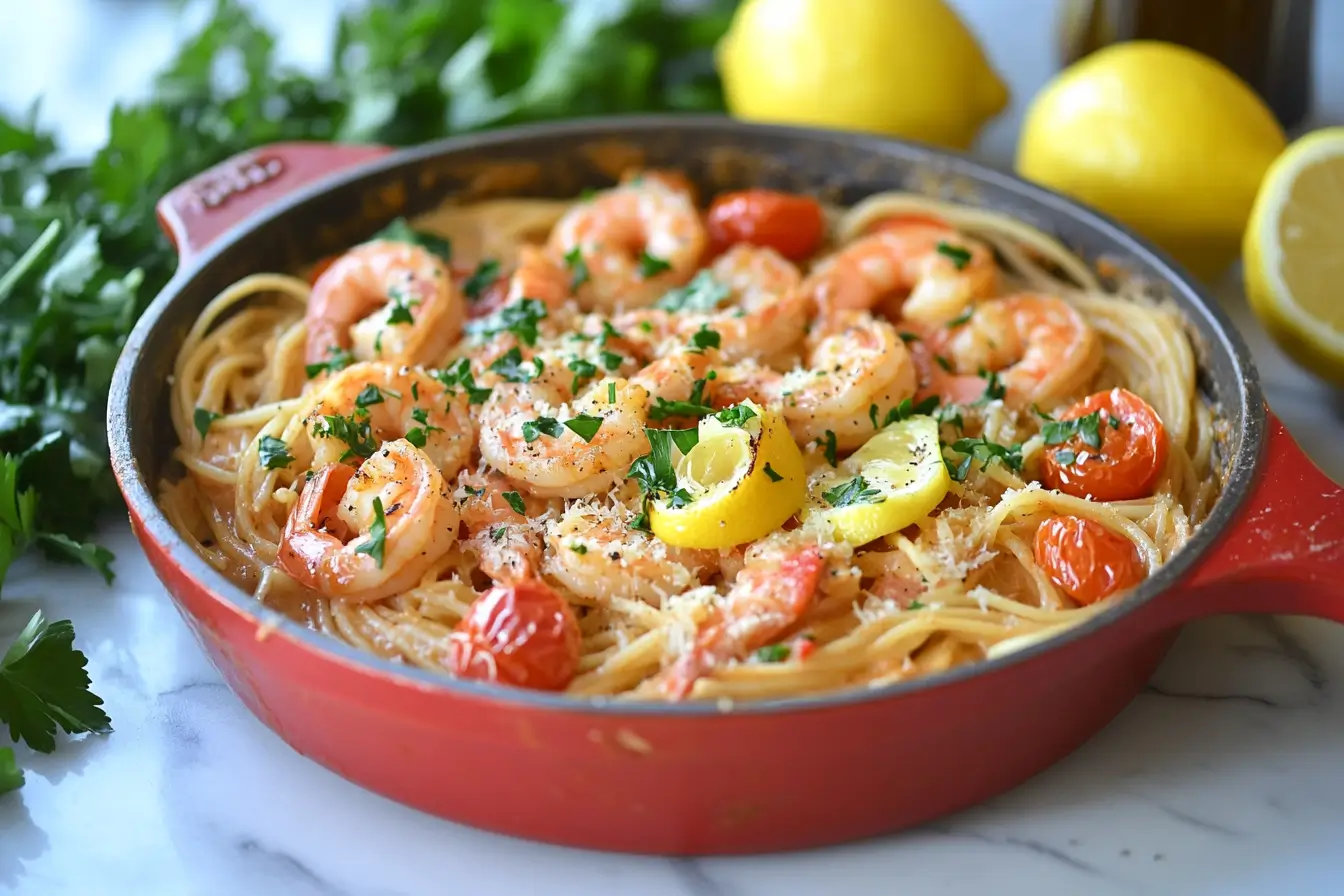 Zesty One-Pot Shrimp Pasta featuring spaghetti, juicy shrimp, cherry tomatoes, and fresh parsley in a creamy, tangy sauce