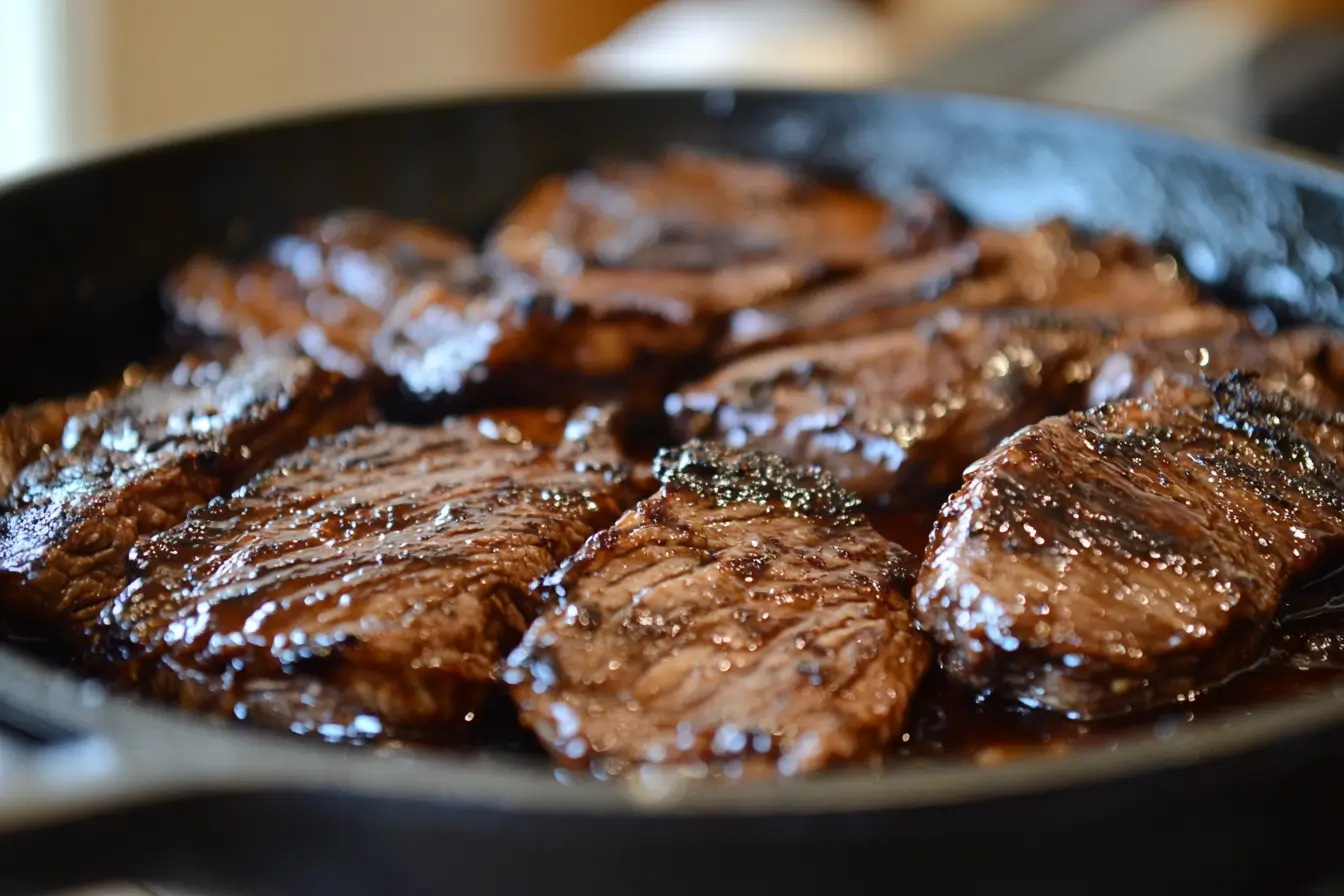 Caramelized Korean BBQ beef in a skillet