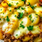 Delicious homemade hobo casserole with ground beef, melted cheese, and golden-baked potatoes in a casserole dish