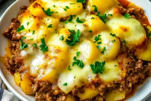 Delicious homemade hobo casserole with ground beef, melted cheese, and golden-baked potatoes in a casserole dish