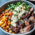 Korean BBQ Beef Bowls with Rice, Charred Corn, and Creamy Garlic Sauce