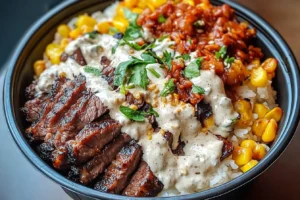 Korean BBQ Beef Bowls with Rice, Charred Corn, and Creamy Garlic Sauce