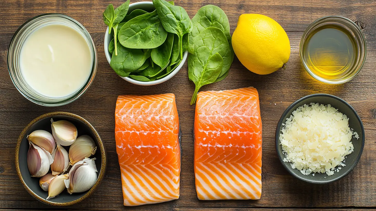 Fresh ingredients for Pan-Seared Salmon with Creamy Florentine Sauce, including salmon fillets, spinach, Parmesan, garlic, heavy cream, and lemon.