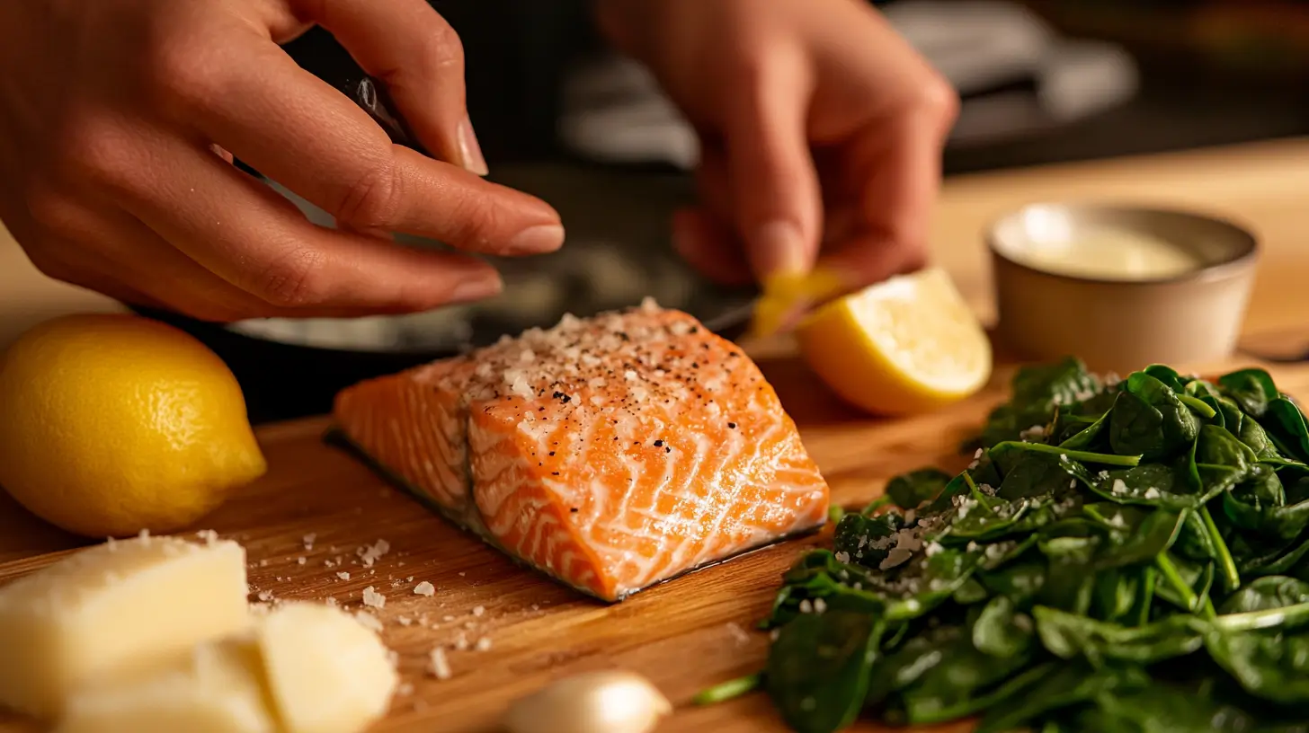 Salmon fillets searing in a hot skillet for a crispy golden crust before being combined with a creamy Florentine sauce