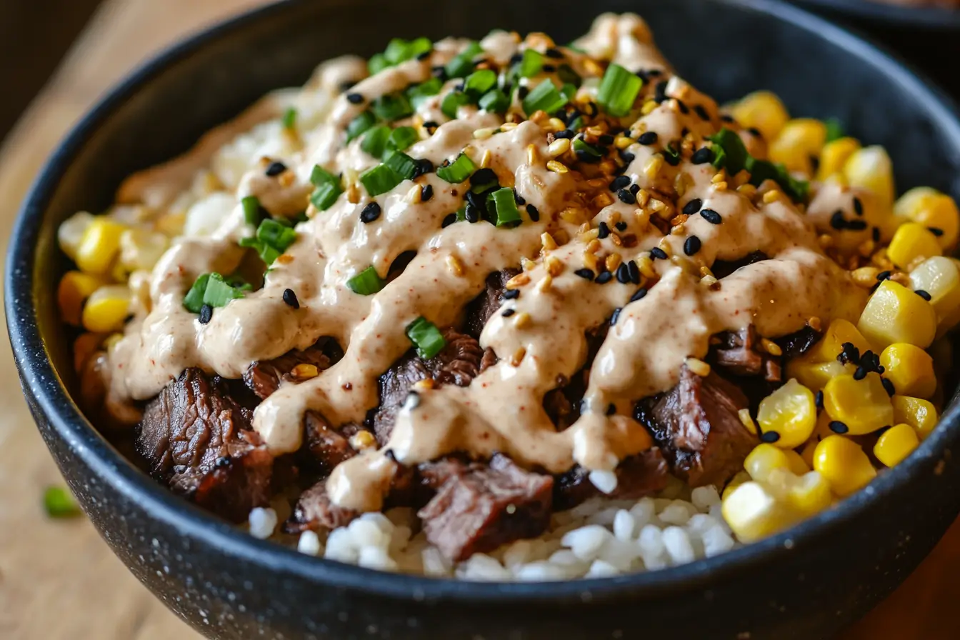 Korean BBQ Beef Bowls with Charred Corn & Creamy Garlic Sauce 