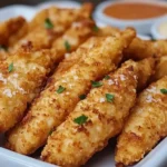 Golden-brown, crispy Ranch Parmesan Chicken Strips served on a rustic wooden board with dipping sauces including ranch, honey mustard, and BBQ. Crispy fries and coleslaw are in the background, creating a warm, inviting meal presentation