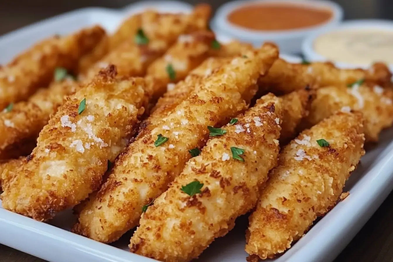 Golden-brown, crispy Ranch Parmesan Chicken Strips served on a rustic wooden board with dipping sauces including ranch, honey mustard, and BBQ. Crispy fries and coleslaw are in the background, creating a warm, inviting meal presentation