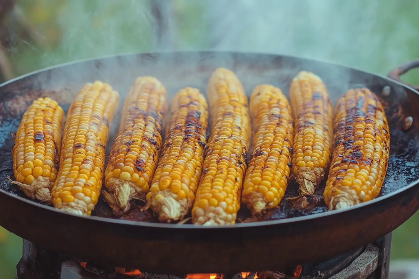 Smoky charred corn in a pan