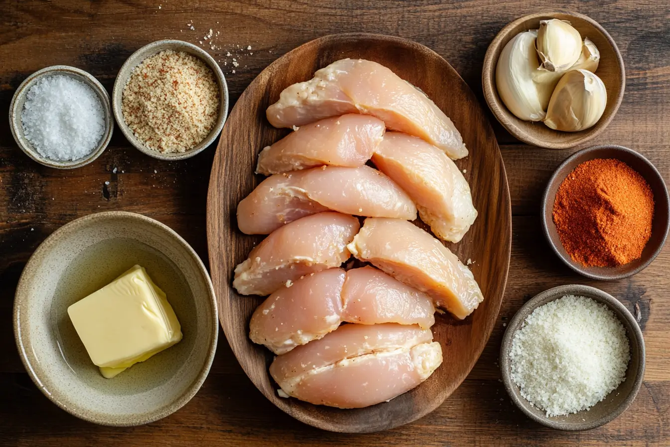 ingredients for Crispy Ranch Parmesan Chicken Strips, including raw chicken breast strips, melted butter, ranch seasoning, panko breadcrumbs, grated Parmesan cheese, garlic powder, paprika, salt, and black pepper