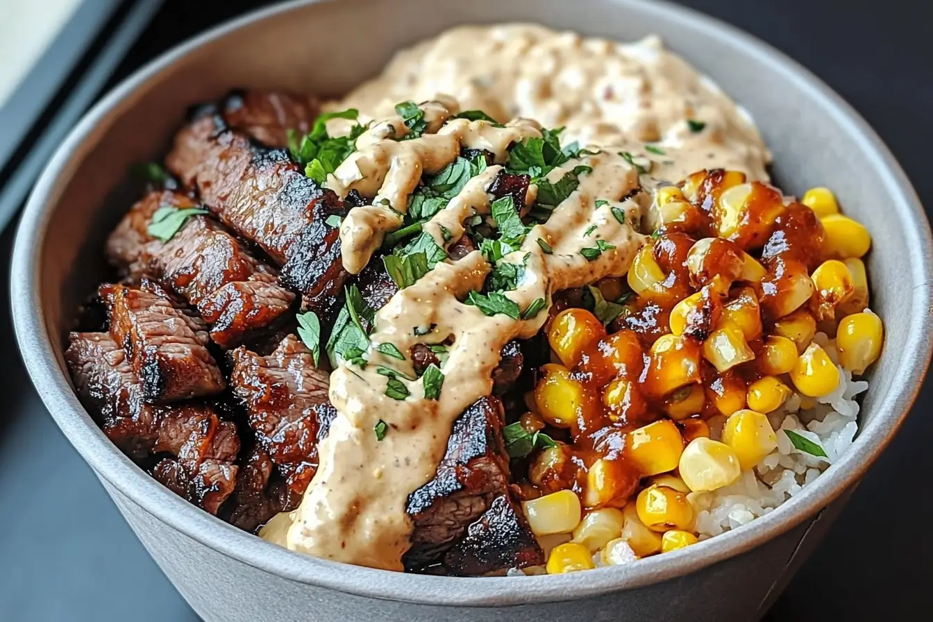 Assembled Korean BBQ beef bowl with garnishes