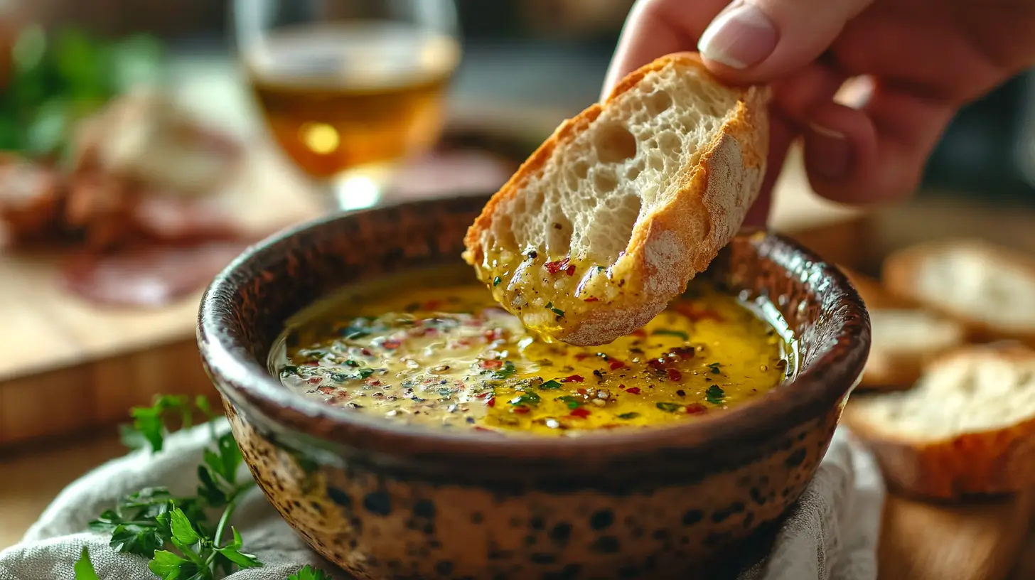 A hand dipping a warm, crusty baguette into a bowl of homemade olive oil bread dip with garlic, herbs, and balsamic vinegar.