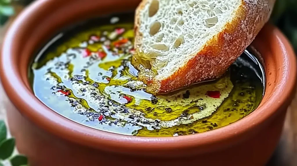 Homemade olive oil bread dip with garlic, balsamic, and fresh herbs served with crusty baguette slices