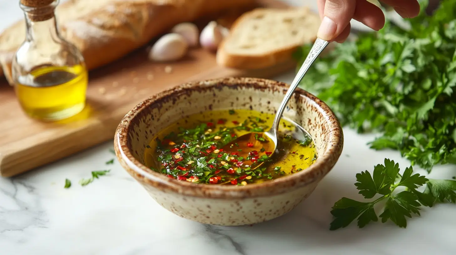 mixing olive oil bread dip, homemade dipping oil preparation, Mediterranean kitchen scene