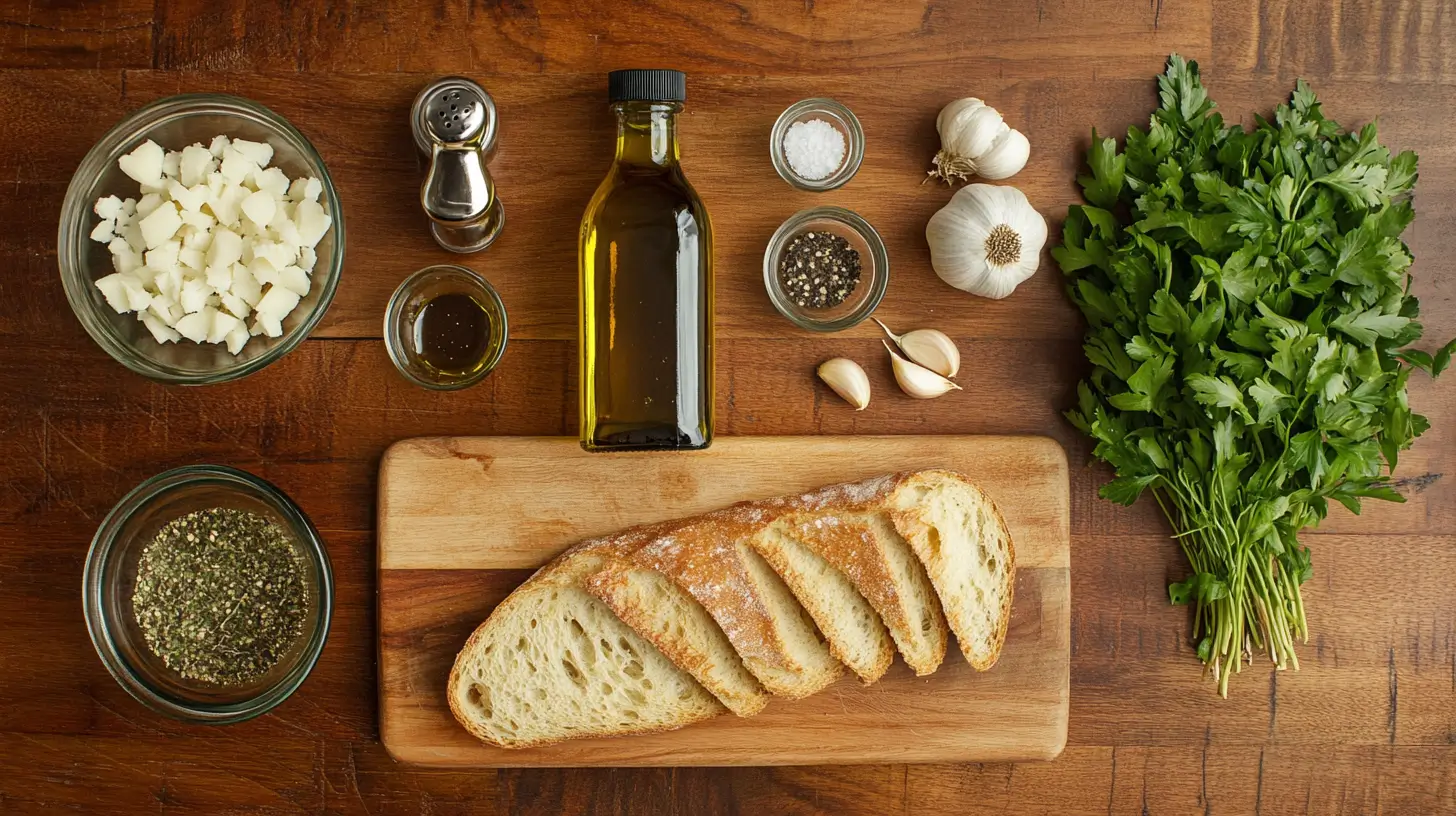 Fresh ingredients for homemade olive oil bread, including a bottle of extra virgin olive oil, balsamic vinegar, minced garlic, dried oregano, basil, red pepper flakes, salt, pepper, and sliced baguette.