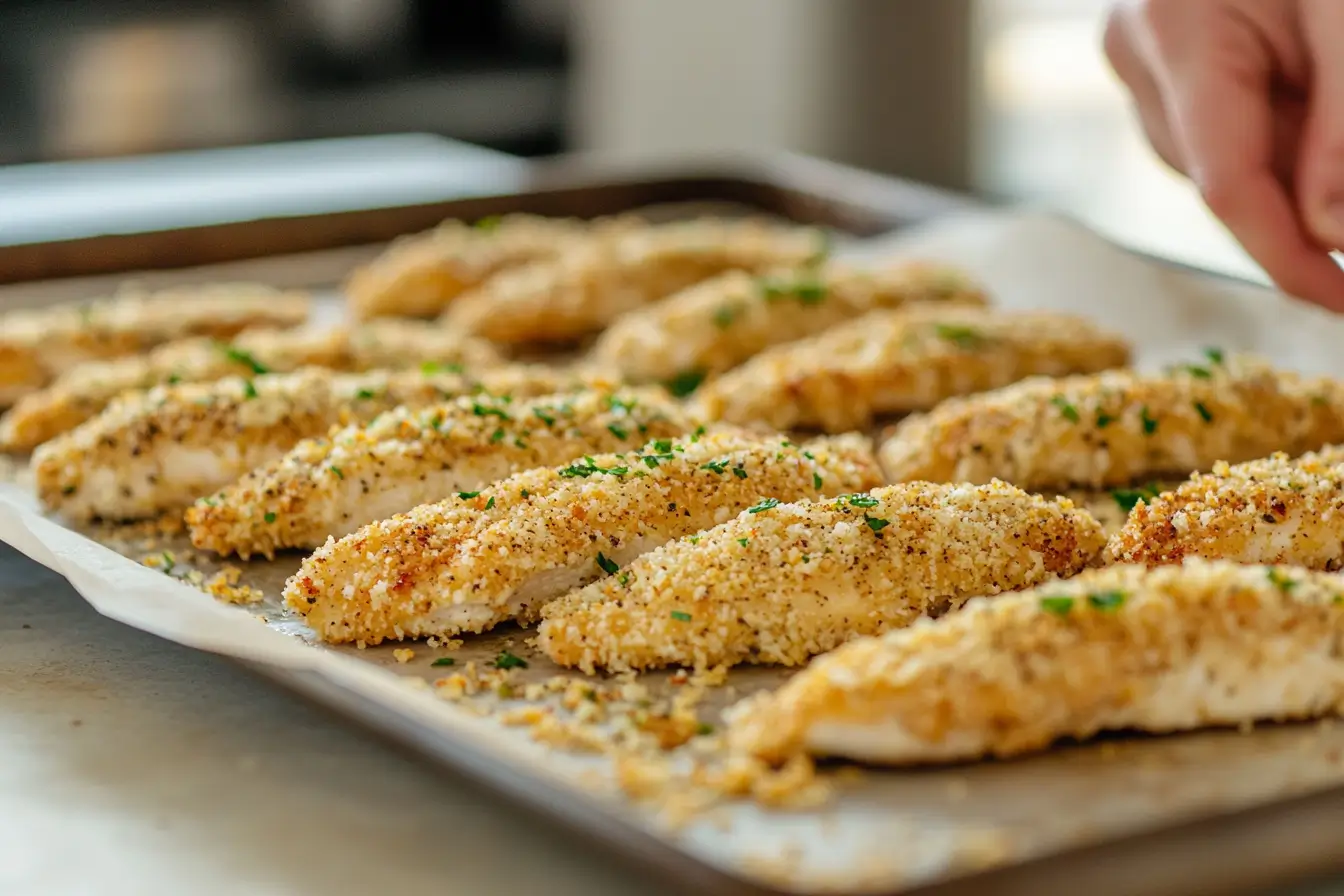 Step-by-step process of making Crispy Ranch Parmesan Chicken Strips, showing chicken strips being dipped in melted butter