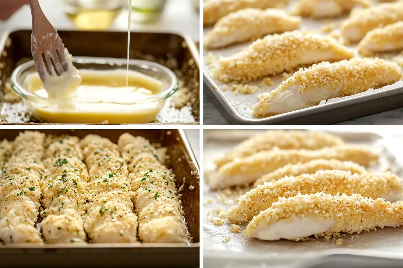 Step-by-step process of making Crispy Ranch Parmesan Chicken Strips, showing chicken strips being dipped in melted butter, coated in a breadcrumb-Parmesan mixture