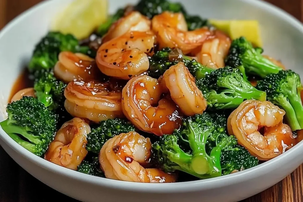 A sizzling Garlic Shrimp & Broccoli Stir-Fry in a wok, with shrimp, broccoli, and carrots coated in a flavorful garlic sauce, served fresh and steaming