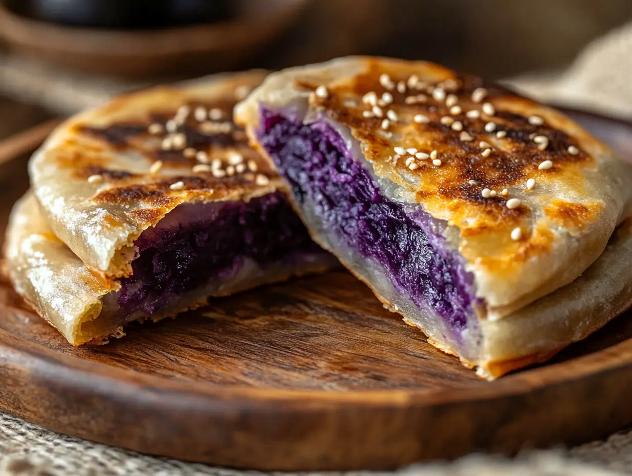 Thin, sesame-seeded Piaya flatbreads with a warm muscovado or ube filling, slightly charred for a toasty finish