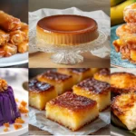 Filipino desserts on a rustic table: Leche Flan, Cassava Cake, Puto, Ube Halaya, Turon, Maruya, Kutsinta, Piaya