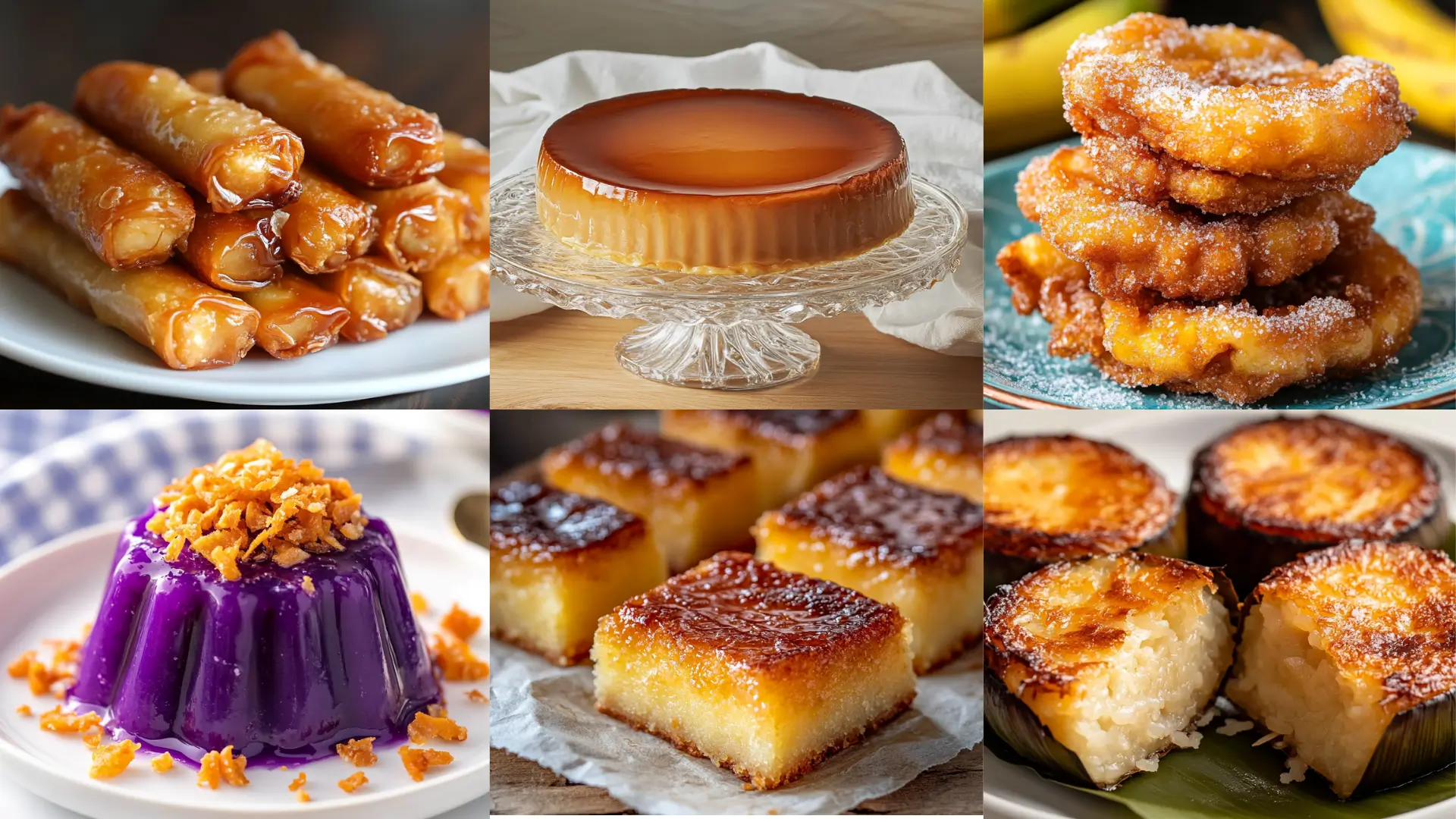 Filipino desserts on a rustic table: Leche Flan, Cassava Cake, Puto, Ube Halaya, Turon, Maruya, Kutsinta, Piaya