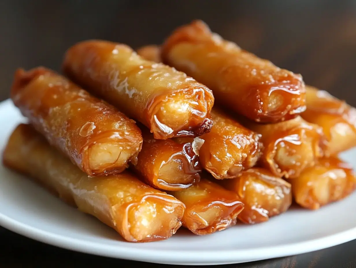 Crispy, golden-brown Turon banana lumpia drizzled with caramel, stacked on a plate with a sweet, crunchy glaze