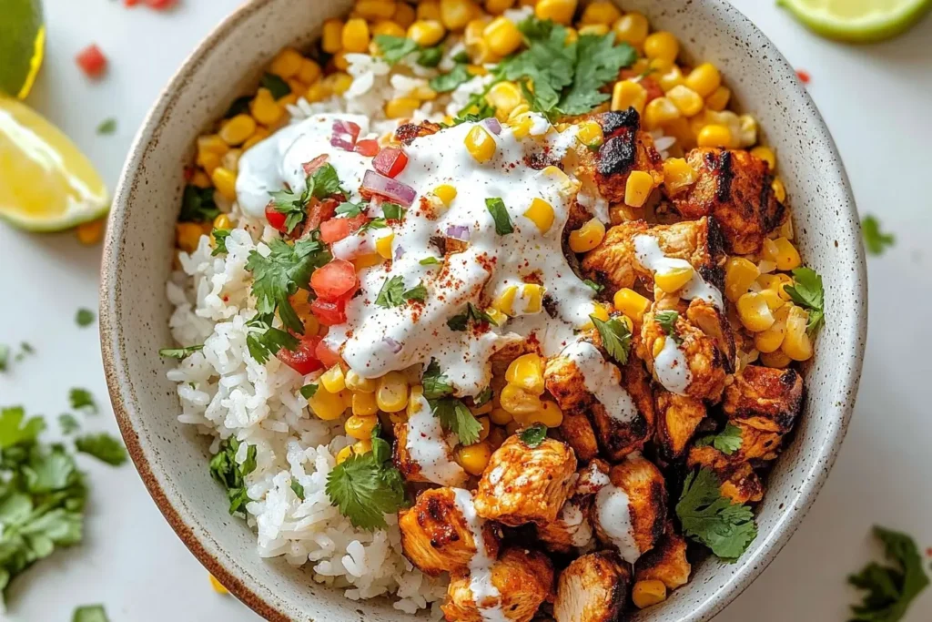 Street Corn Chicken Rice Bowl on a slate tray, garnished with cilantro and lime wedges, with a fork resting nearby