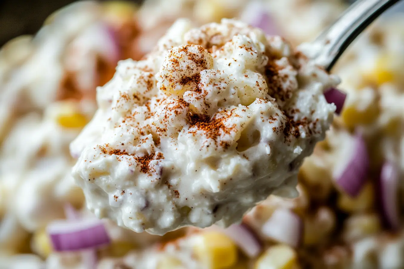 spoon lifting creamy street corn with charred kernels, red onion, and cotija cheese