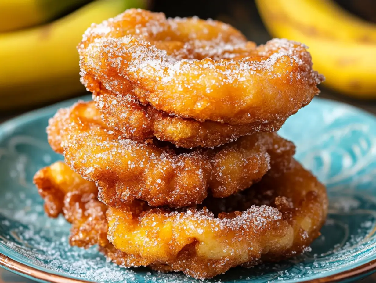 Crispy, sugar-dusted Maruya banana fritters stacked on a turquoise plate, showcasing their golden-brown texture