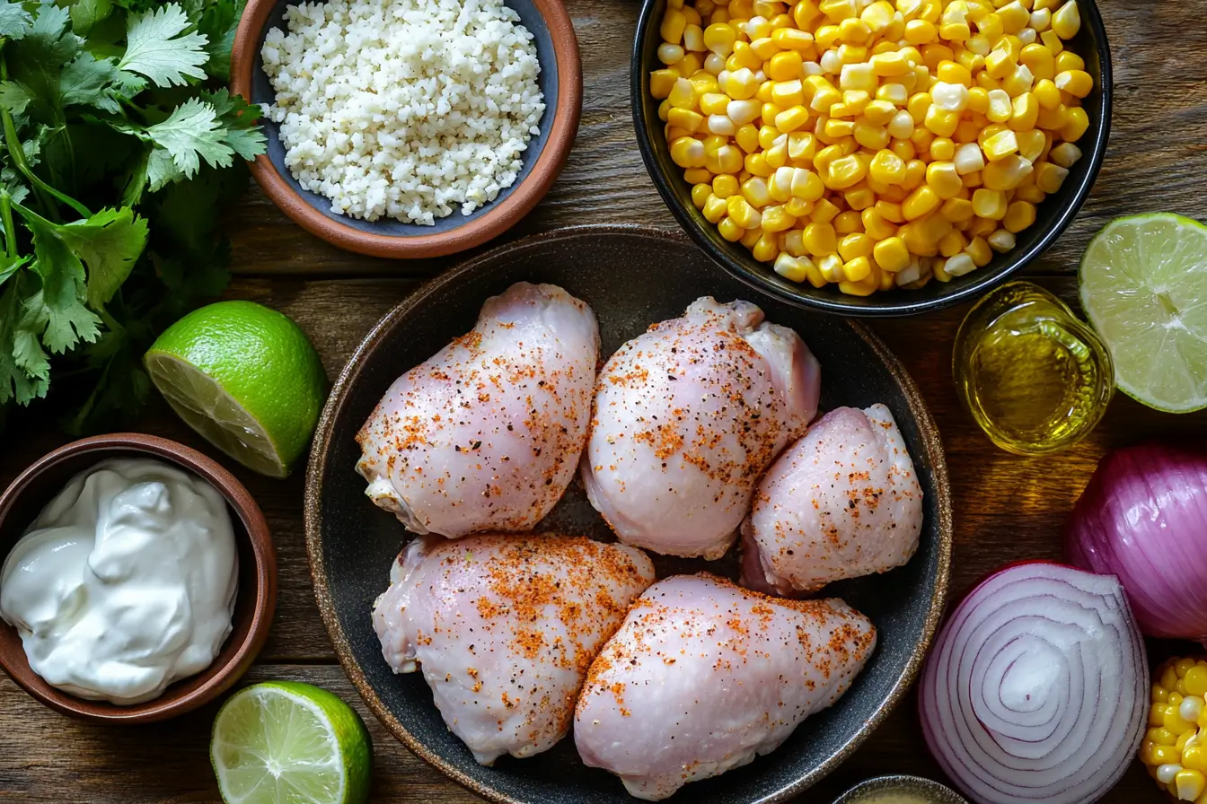 flat lay of chicken, corn, cotija cheese, red onion, and seasonings on a marble countertop