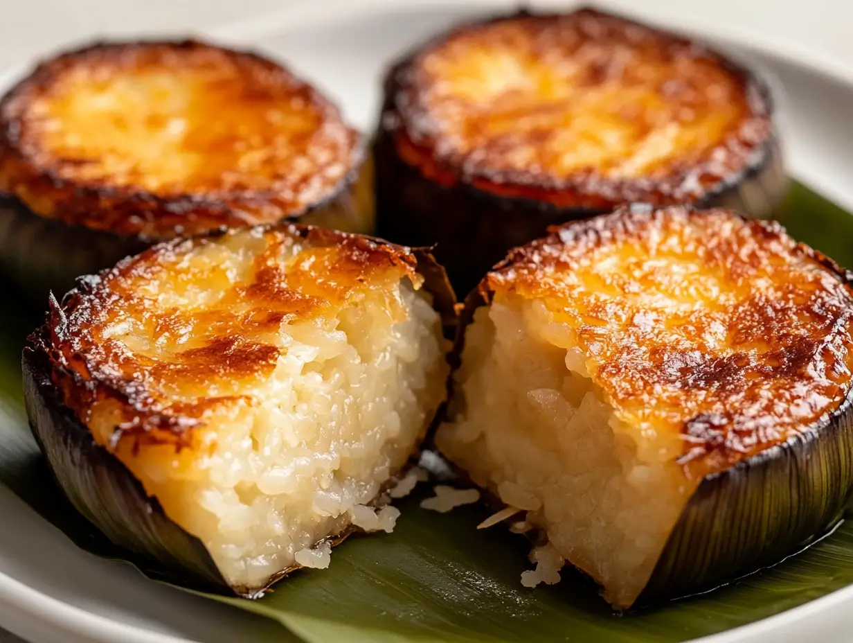 Soft, fluffy bibingka rice cakes baked in banana leaves, with a slightly crisp top and a cheesy, coconut flavor