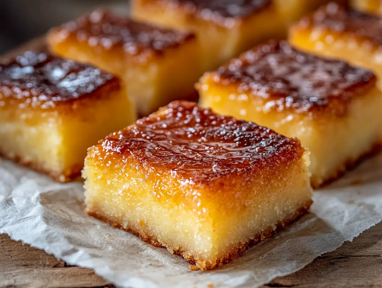 Golden-brown cassava cake slices with a caramelized top, served on parchment paper for a rich, chewy treat