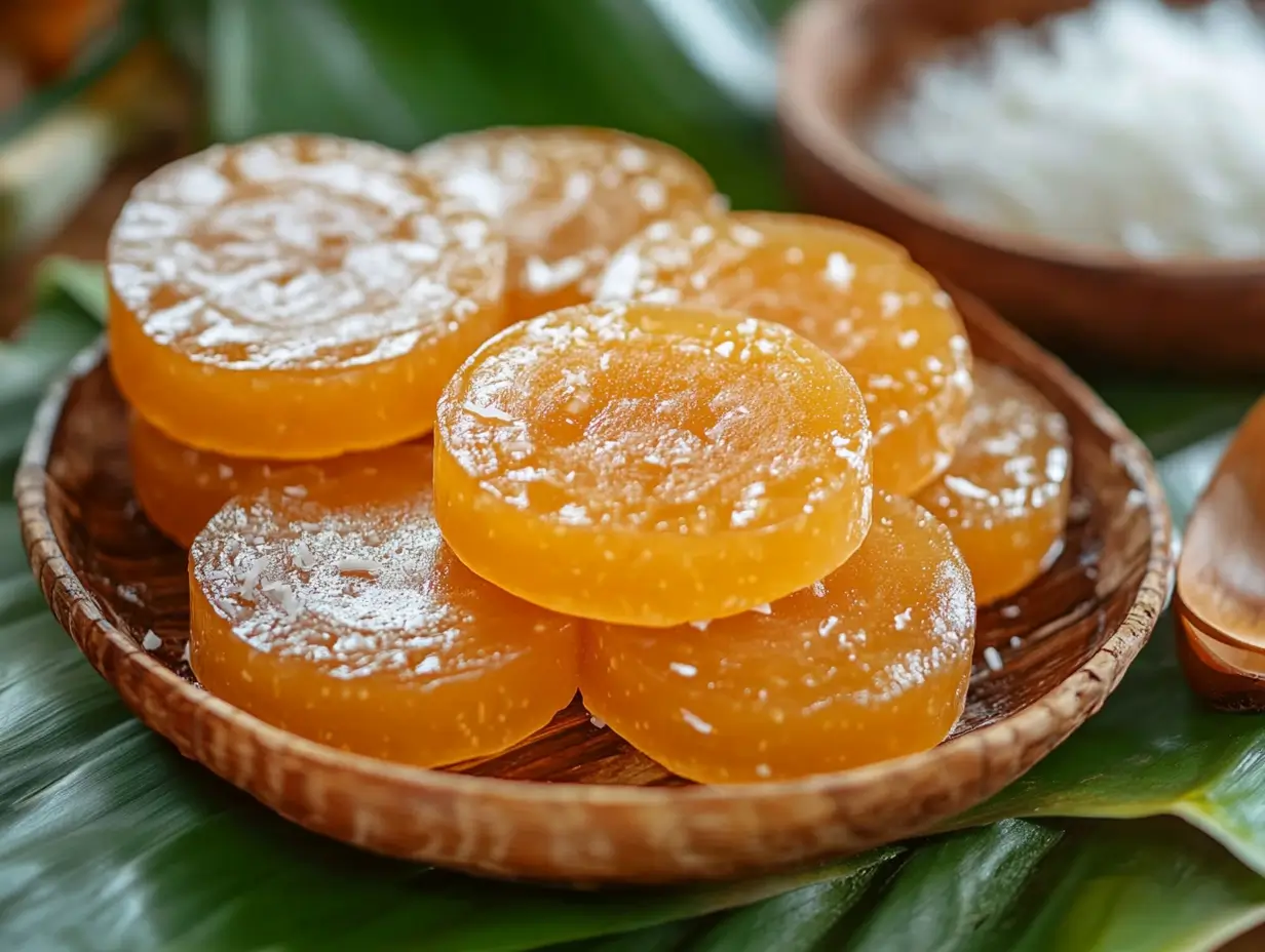 Chewy, glossy kutsinta rice cakes arranged on a banana leaf, served with freshly grated coconut for a classic pairing