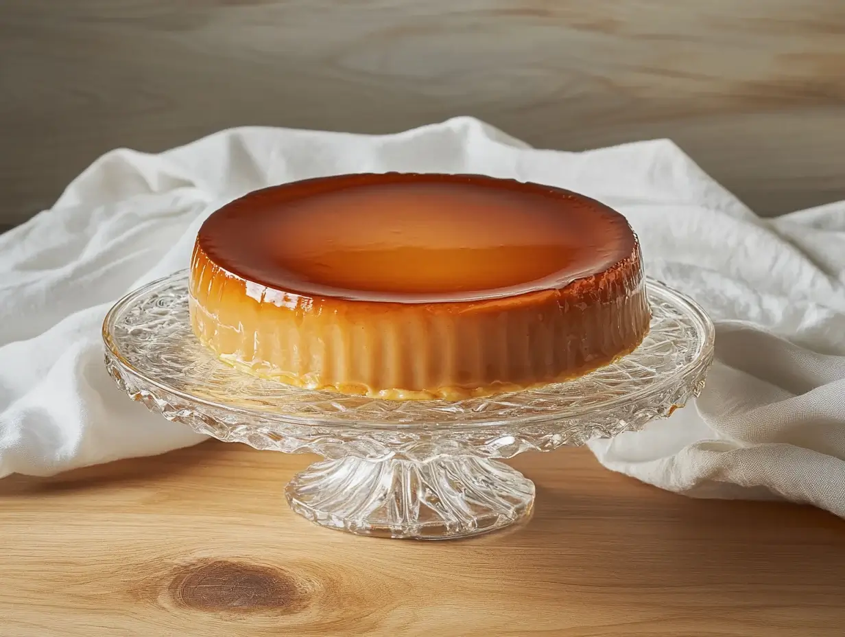 Rich, silky Leche Flan with a deep caramel top, elegantly plated on a glass dish with its syrup glistening